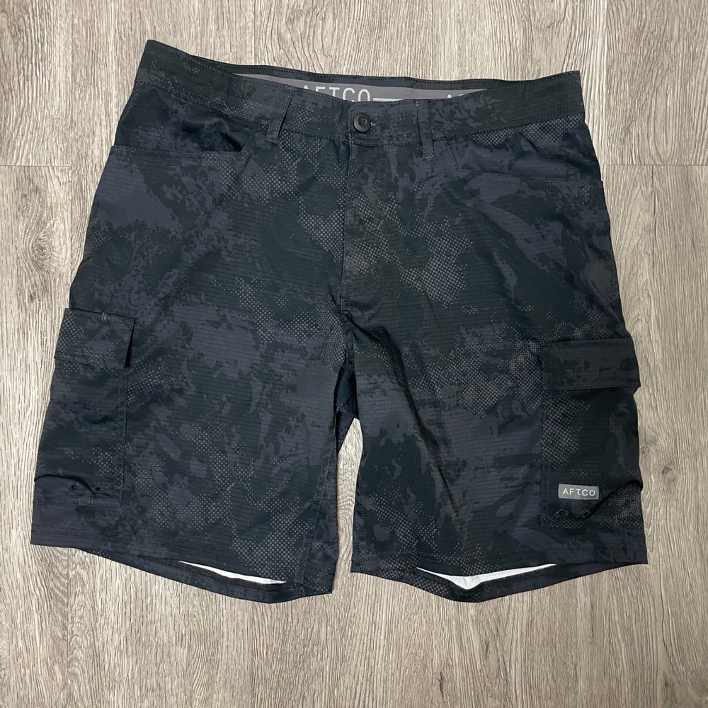 AFTCO Fishing Shorts Mens 34 Black Camo M125 Cargo Ripstop Stretch Tactical